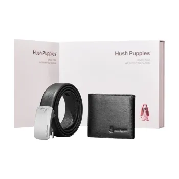 Hush Puppies Leather Belts Men Box Three Silver Gray Belt+Black Wallet