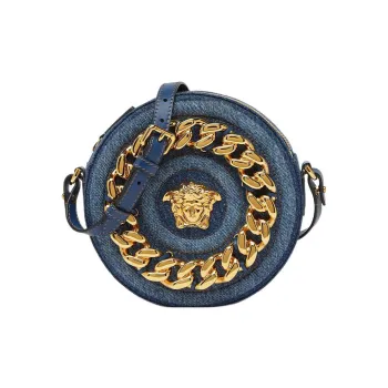 VERSACE La Medusa Cotton With Calfskin Trim Shoulder Bag Crossbody Bag Women's Blue