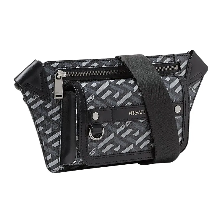 VERSACE Greca Cow Leather Sling Bag Fanny Pack Men's Black Gray Color-1