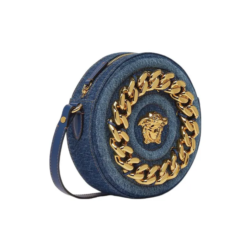 VERSACE La Medusa Cotton With Calfskin Trim Shoulder Bag Crossbody Bag Women's Blue-1