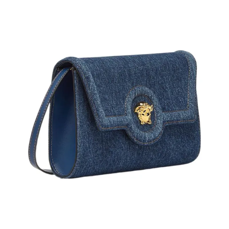 FANSIZHE La Medusa Cotton With Cow Leather Trim Shoulder Bag, Crossbody Bag Women's Blue-1