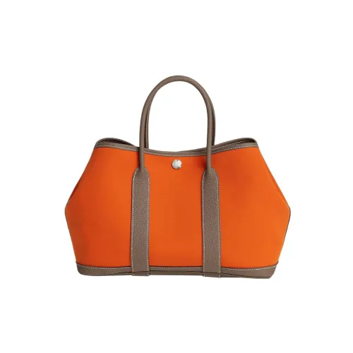 HERMES Garden Canvas With Leather Handbag Women's Flame Orange/Elephant Gray