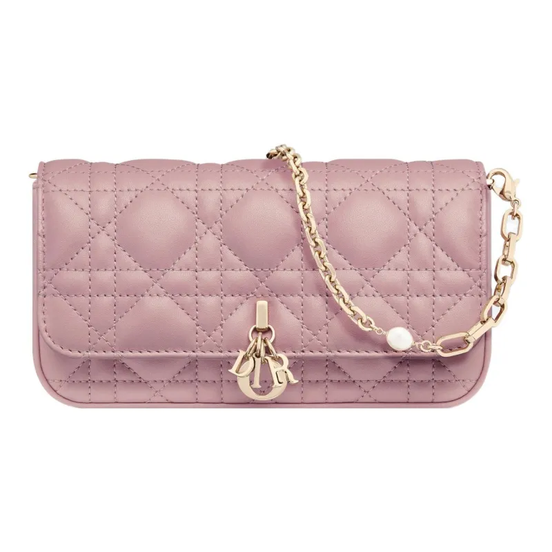 DIOR Lady Dior Wicker Pattern Sheepskin Handheld Crossbody One Shoulder Cell Phone Pouch Regular Women's Vintage Pink-0