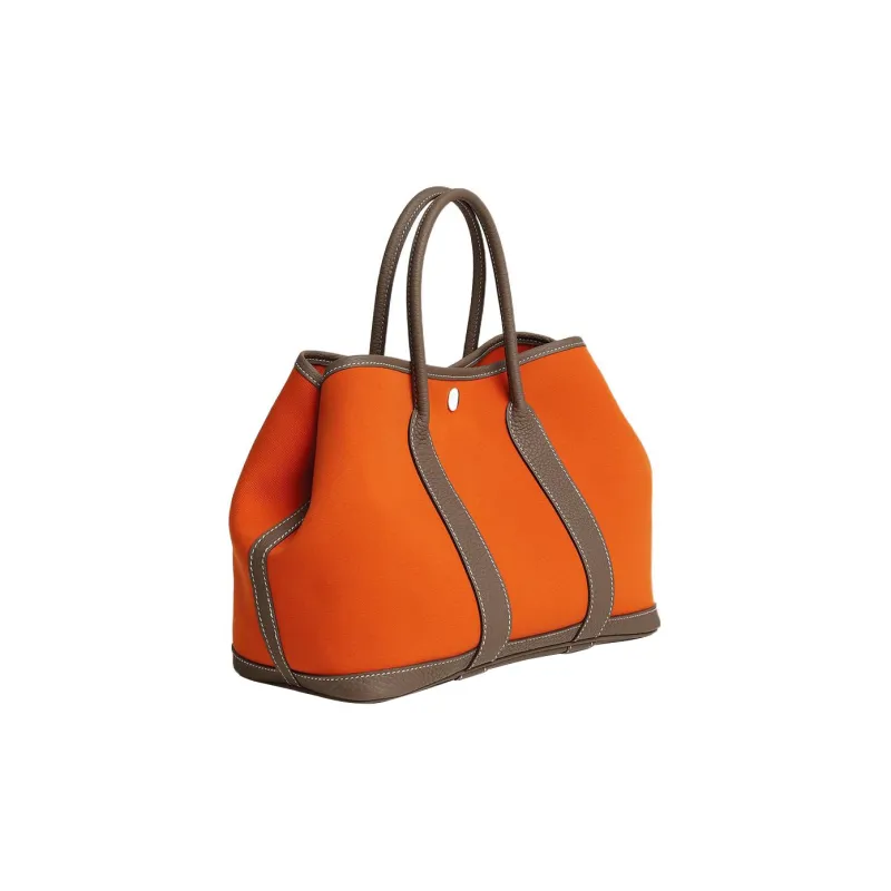 HERMES Garden Canvas With Leather Handbag Women's Flame Orange/Elephant Gray-1