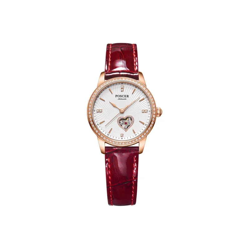 POSCER Heart To Heart Design KEYS Collection Mechanical Movement Genuine Leather Strap Watch Women's Watch White Dial-0