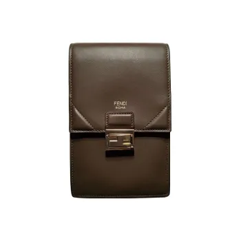 FENDI Calfskin Cell Phone Pouch Shoulder Bag Crossbody Bag Small Size Unisex Olive Green