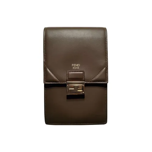 FENDI Calfskin Cell Phone Pouch Shoulder Bag Crossbody Bag Small Size Unisex Olive Green