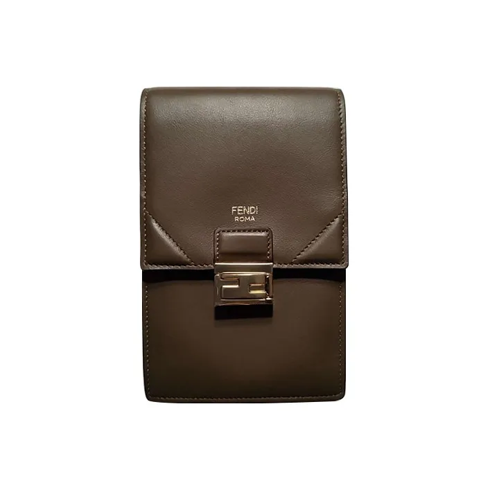 FENDI Calfskin Cell Phone Pouch, Shoulder Bag, Crossbody Bag Trumpets Unisex Olive Green-0