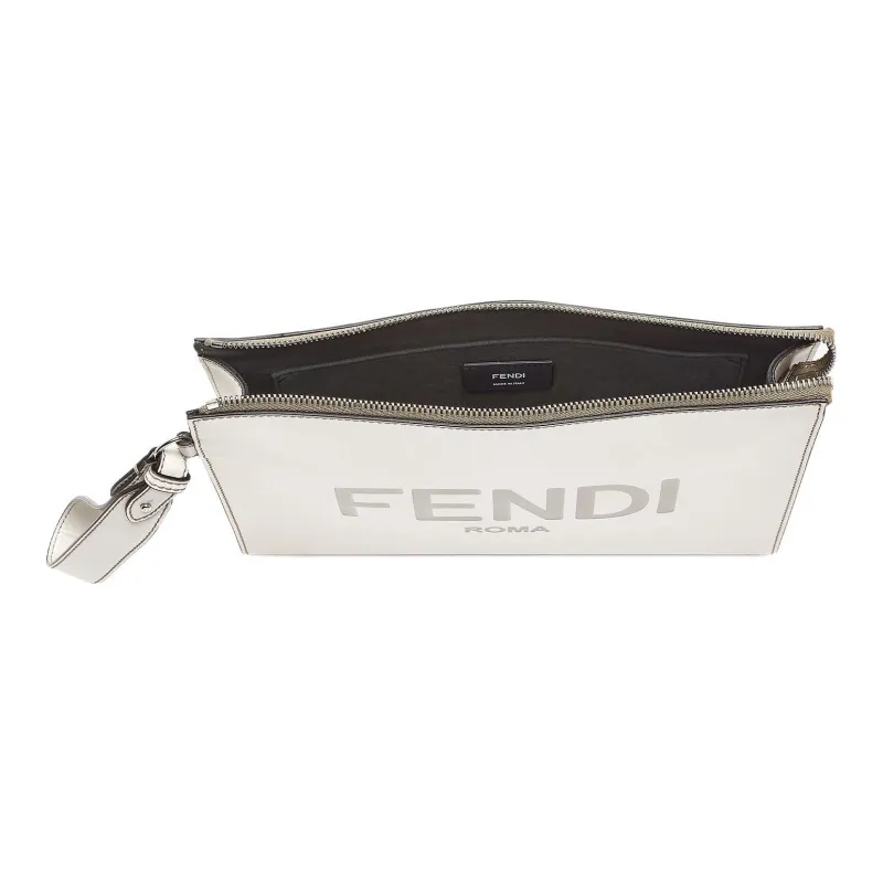 FENDI Calfskin Wrist Bag Clutch Men's Light Gray-3