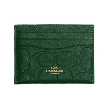 COACH Card Case Polished Grained Leather Document Wallet Coin Purse Card Holder Mini Women's Dark Green