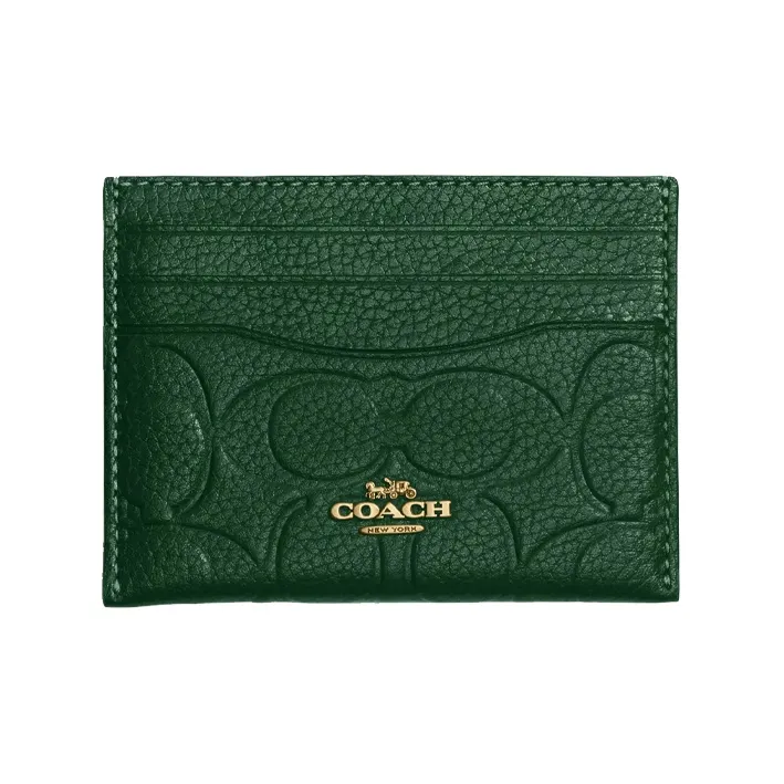 COACH Card Case Polished Grained Leather Document Wallet Coin Purse Card Holder Mini Women's Dark Green-0