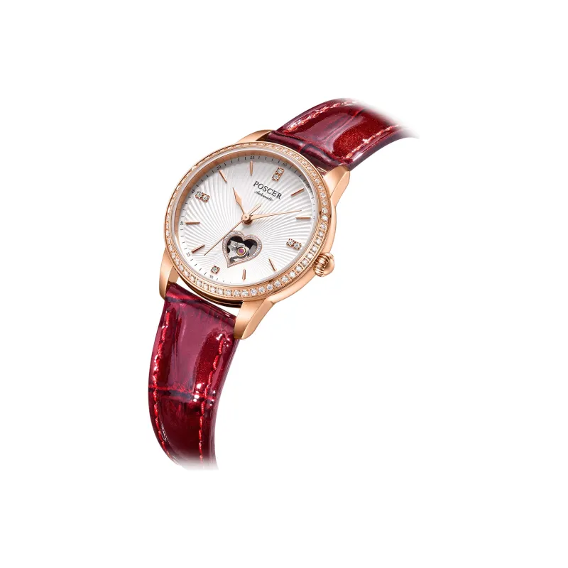 POSCER Heart To Heart Design KEYS Collection Mechanical Movement Genuine Leather Strap Watch Women's Watch White Dial-1