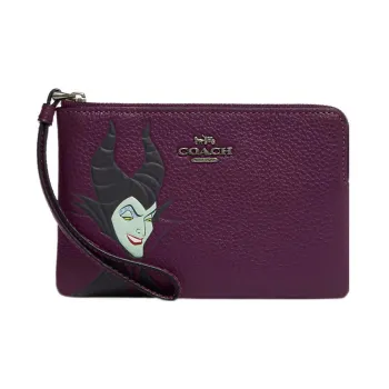 COACH Disney Collaboration Corner Zip Pebbled Leather Coin Purse Wrist Bag Clutch Small Size Women's Purple