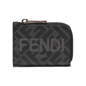 FENDI Polyurethane Cotton Card Holder Men's Black Gray