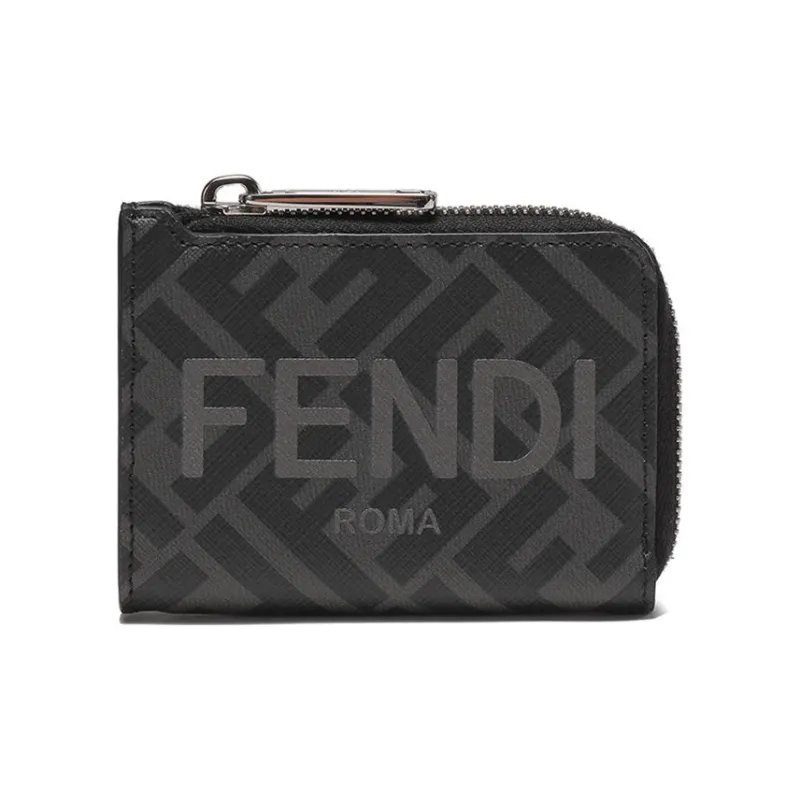 FENDI Polyurethane Cotton Card Holder Men's Black Gray-0