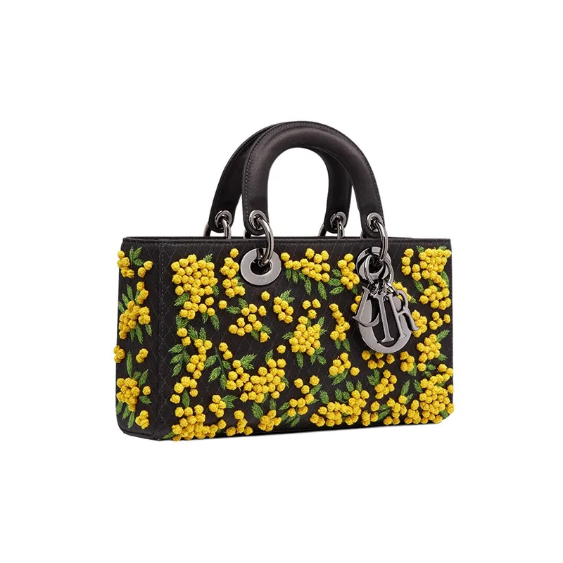 DIOR Lady D-JOY Embroidery With Satin Daisie Bag Shoulder Bag Crossbody Bag Handbag Women's Black/Yellow-3