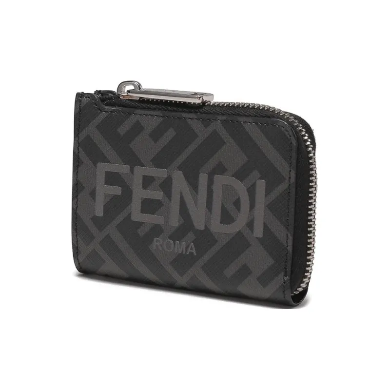 FENDI Polyurethane Cotton Card Holder Men's Black Gray-1