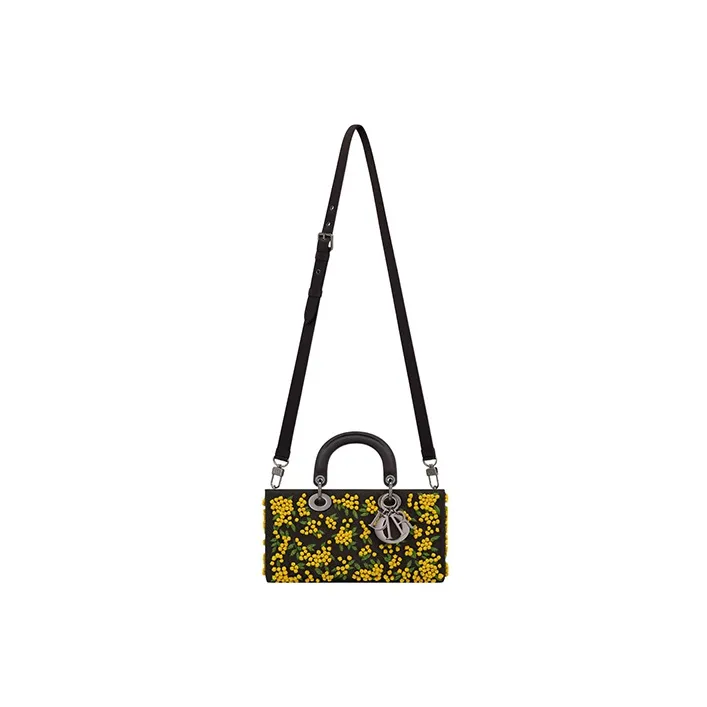 DIOR Lady D-JOY Embroidery With Satin Daisie Bag Shoulder Bag Crossbody Bag Handbag Women's Black/Yellow-2