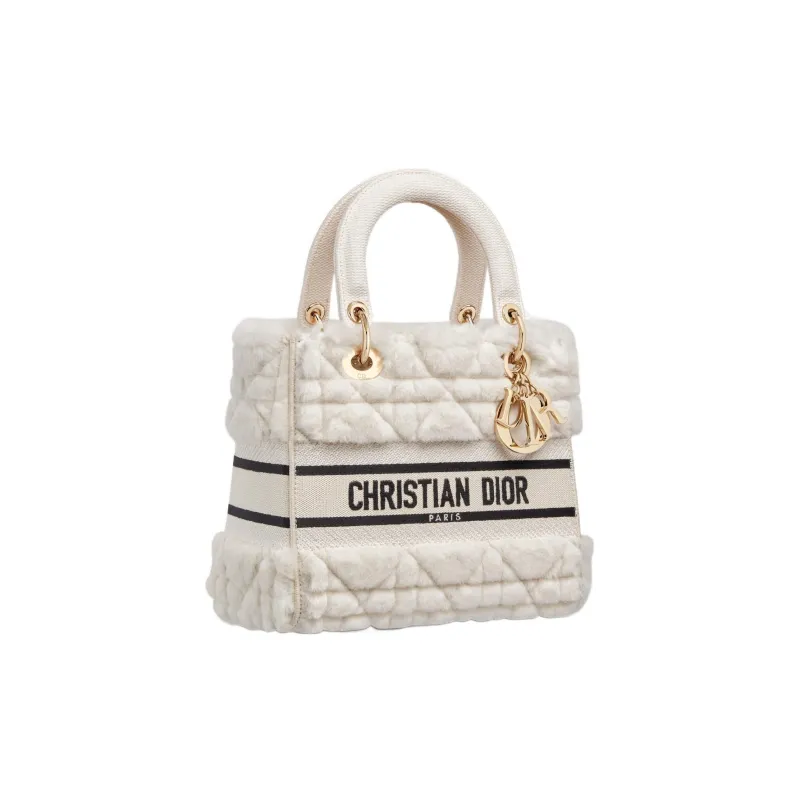 DIOR Lady D-Lite Shearling Dior Bag Shoulder Bag Crossbody Bag Handbag Medium Size Women's White-1