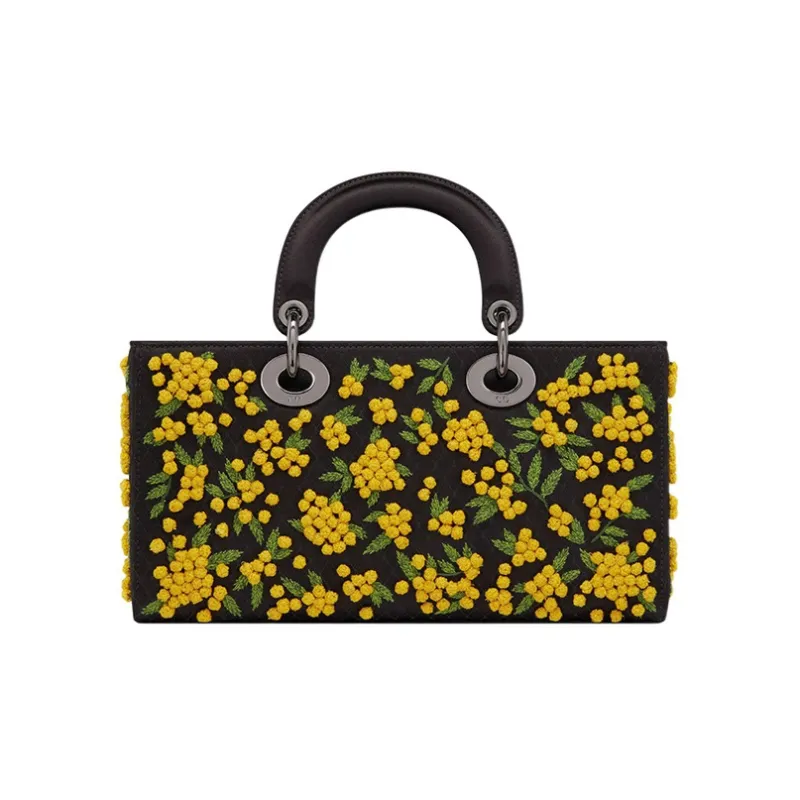 DIOR Lady D-JOY Embroidery With Satin Daisie Bag Shoulder Bag Crossbody Bag Handbag Women's Black/Yellow-4