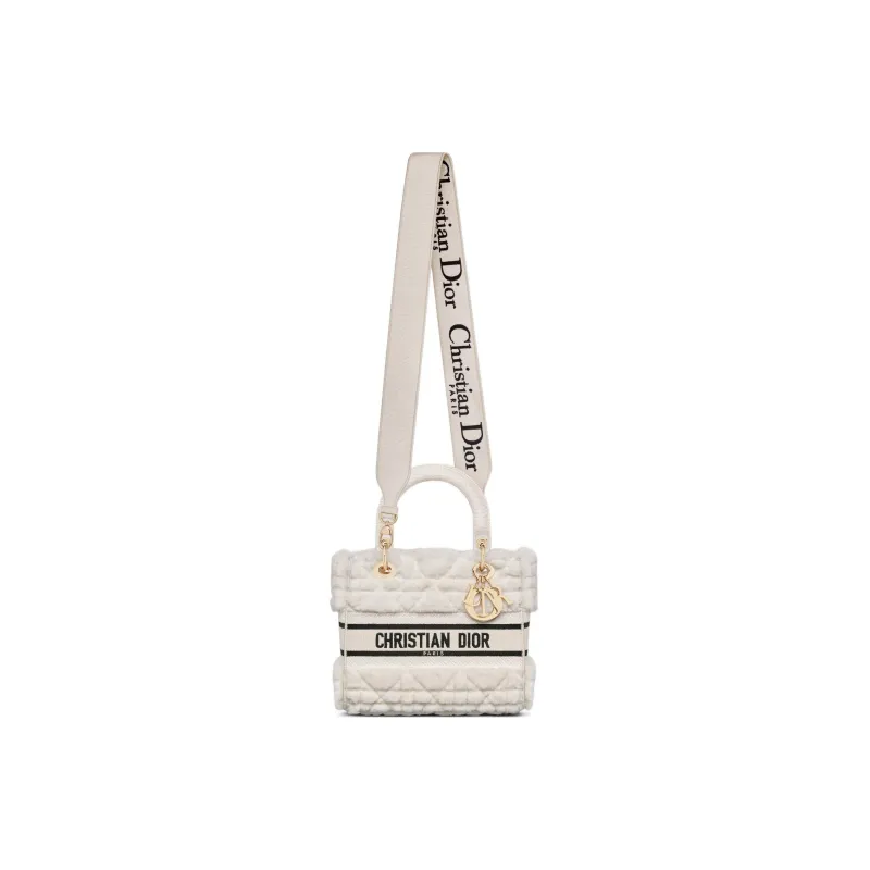 DIOR Lady D-Lite Shearling Dior Bag Shoulder Bag Crossbody Bag Handbag Medium Size Women's White-4