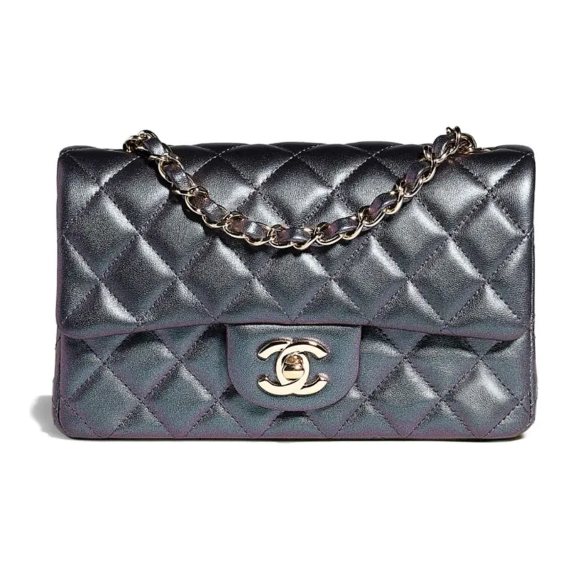 CHANEL Classic Flap CF Lambskin & Gold Tone Lock Crossbody Bag, Shoulder Bag Mini Women's Pearlescent Dazzle Black-0
