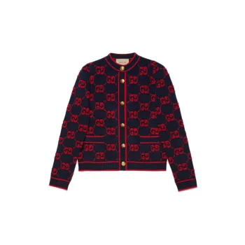 GUCCI Women's Gg Wool Boucle Jacquard Cardigan Blue/Red