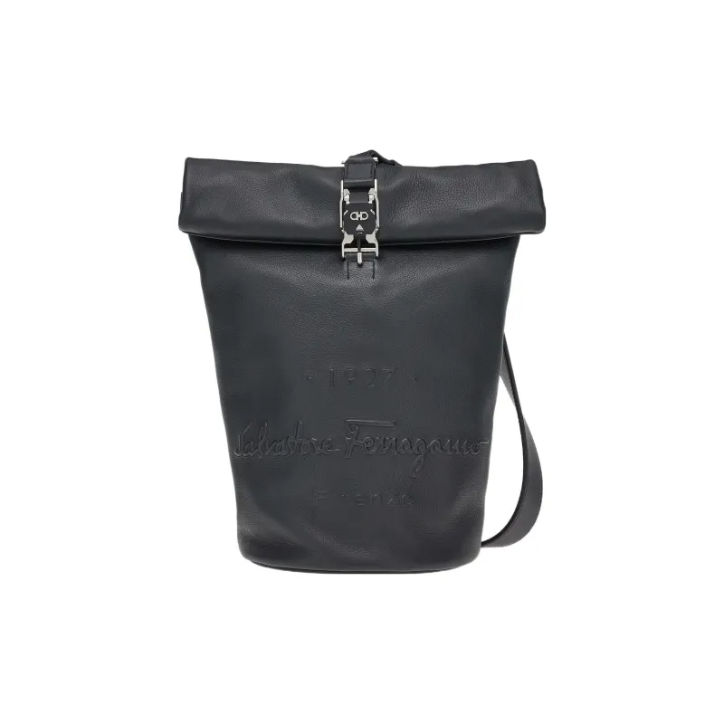 FERRAGAMO Natural Grain Texture Suede Cow Leather Sailor Bag Crossbody Bag Shoulder Bag Men's Black-0