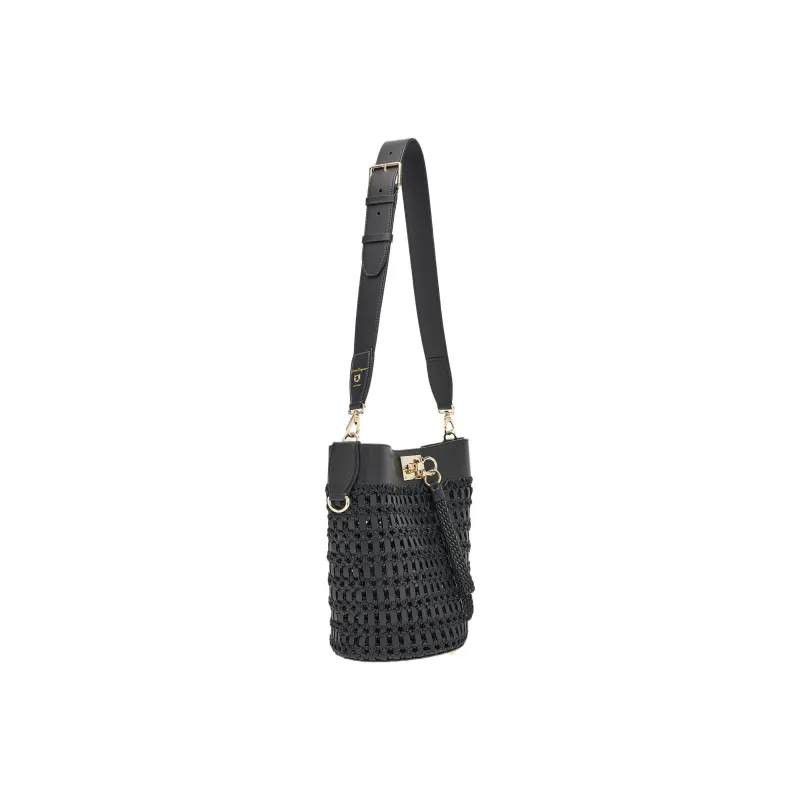 FERRAGAMO Studio Cow Leather With Leaf Fiber Bucket Bags Crossbody Bag Shoulder Bag Women's Black-1