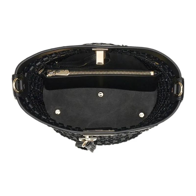 FERRAGAMO Studio Cow Leather With Leaf Fiber Bucket Bags Crossbody Bag Shoulder Bag Women's Black-4