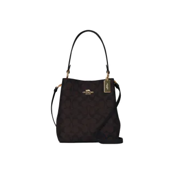 COACH Town Canvas With Leather Bucket Bag, Handbag, Shoulder Bag, Crossbody Bag Women's Dark Brown