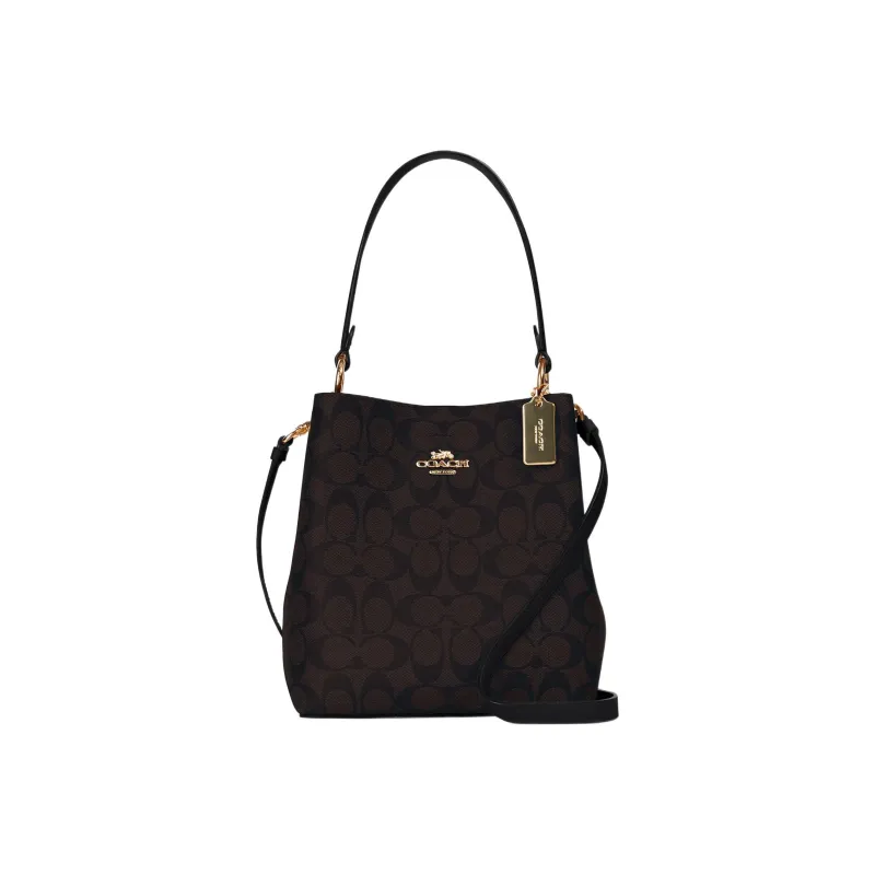 COACH Town Canvas With Leather Bucket Bag, Handbag, Shoulder Bag, Crossbody Bag Women's Dark Brown-0