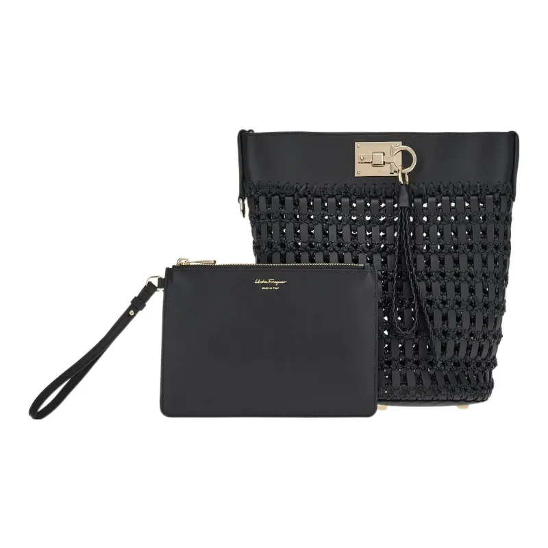 FERRAGAMO Studio Cow Leather With Leaf Fiber Bucket Bags Crossbody Bag Shoulder Bag Women's Black-3