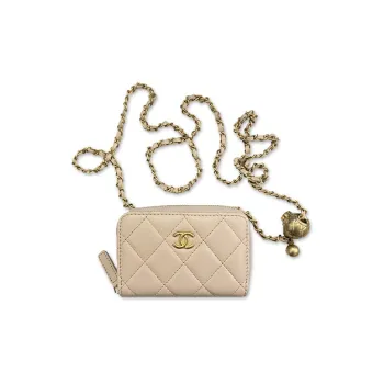 CHANEL 22c Early Spring Lambskin Card Holder One Shoulder Crossbody Coin Purse Mini Women's Beige