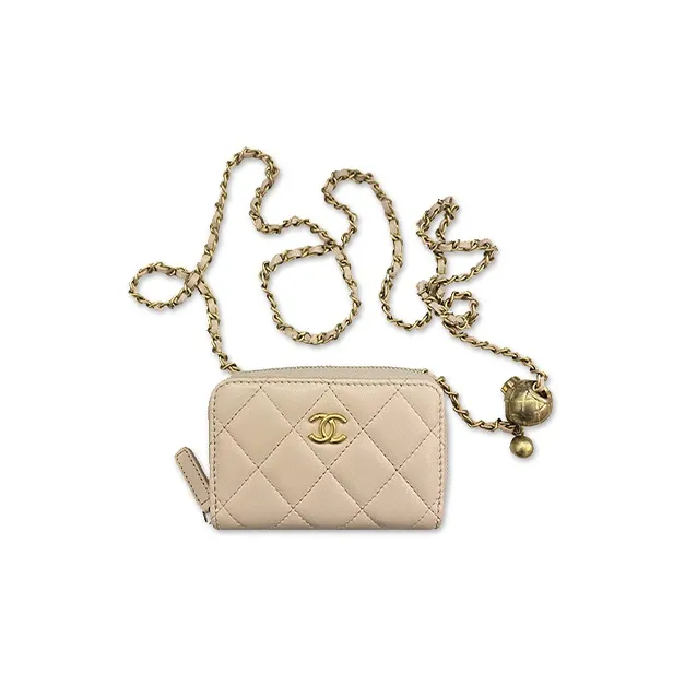 CHANEL 22c Early Spring Lambskin Card Holder One Shoulder Crossbody Coin Purse Mini Women's Beige-0