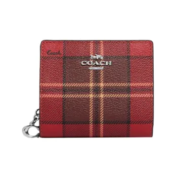 COACH Snap Wallet Coated Canvas With Smooth Leather Document Wallet Card Holder Women's Red & Black