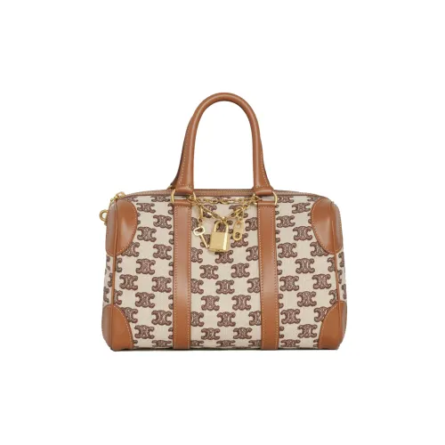 CELINE Fabric With Cow Leather Patchwork Trim Boston Bag Shoulder Bag Crossbody Bag Handbag Small Size Women's Brown