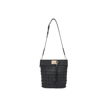 FERRAGAMO Studio Cow Leather With Leaf Fiber Bucket Bags Crossbody Bag Shoulder Bag Women's Black