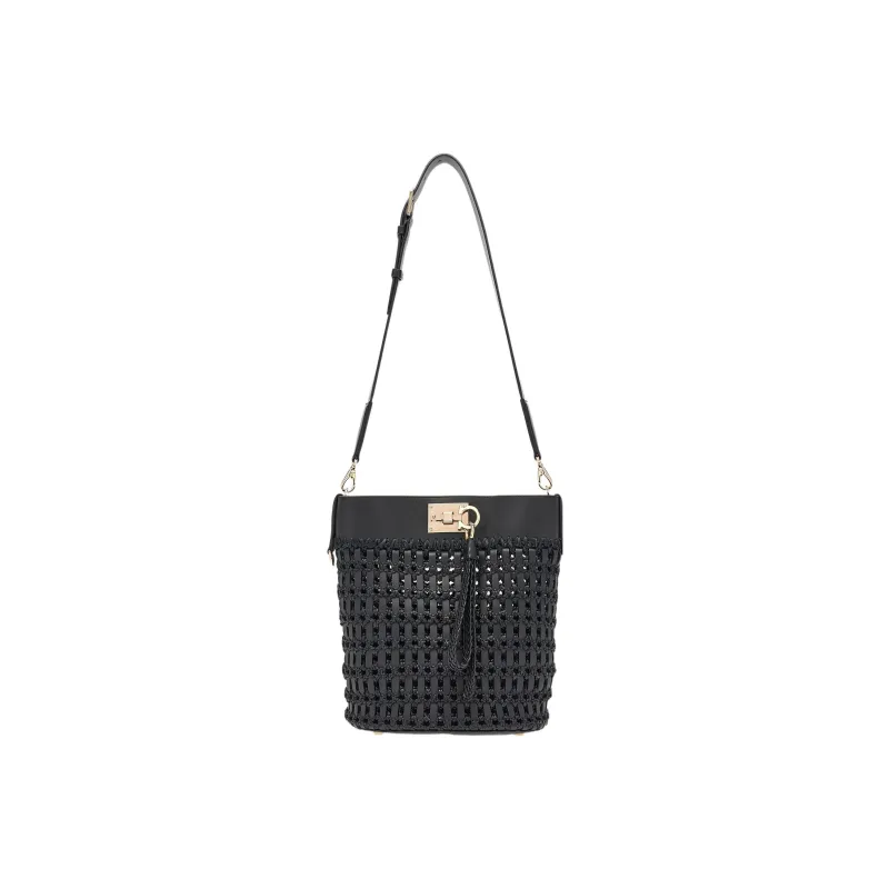 FERRAGAMO Studio Cow Leather With Leaf Fiber Bucket Bags Crossbody Bag Shoulder Bag Women's Black-0