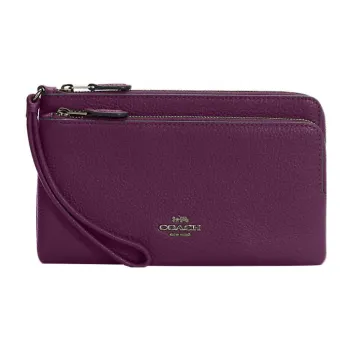 COACH Double Zip Wallet Refined Pebble Leather Document Bag Clutch Wallet Women's Dark Raspberry