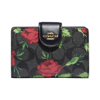 COACH Corner Zip Coated Canvas With Smooth Leather Card Holder Wallet Medium Size Women's Black