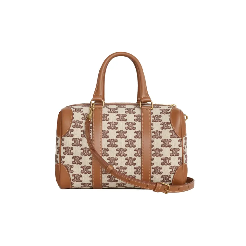 CELINE Fabric With Cow Leather Patchwork Trim Boston Bag Shoulder Bag Crossbody Bag Handbag Small Size Women's Brown-2