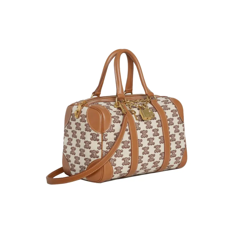 CELINE Fabric With Cow Leather Patchwork Trim Boston Bag Shoulder Bag Crossbody Bag Handbag Small Size Women's Brown-1