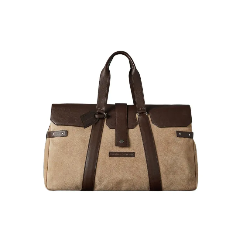 Brunello Cucinelli Textured Suede Patchwork Buffalo Leather Rural Bag Handbag Men's Tobacco Brown-0
