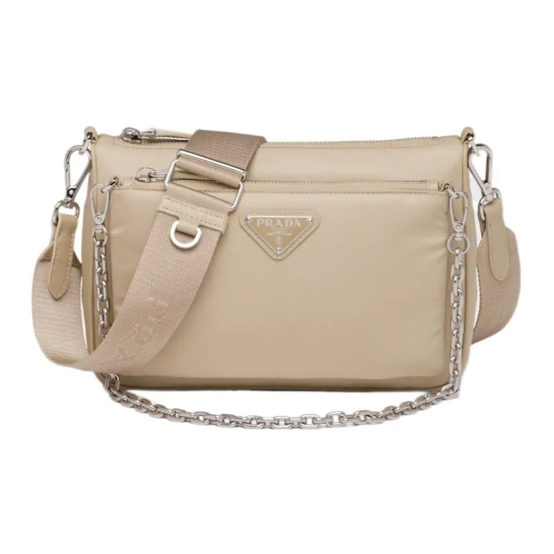 PRADA Saffiano Leather Detail Shoulder Bag Crossbody Bag Women's Beige-0