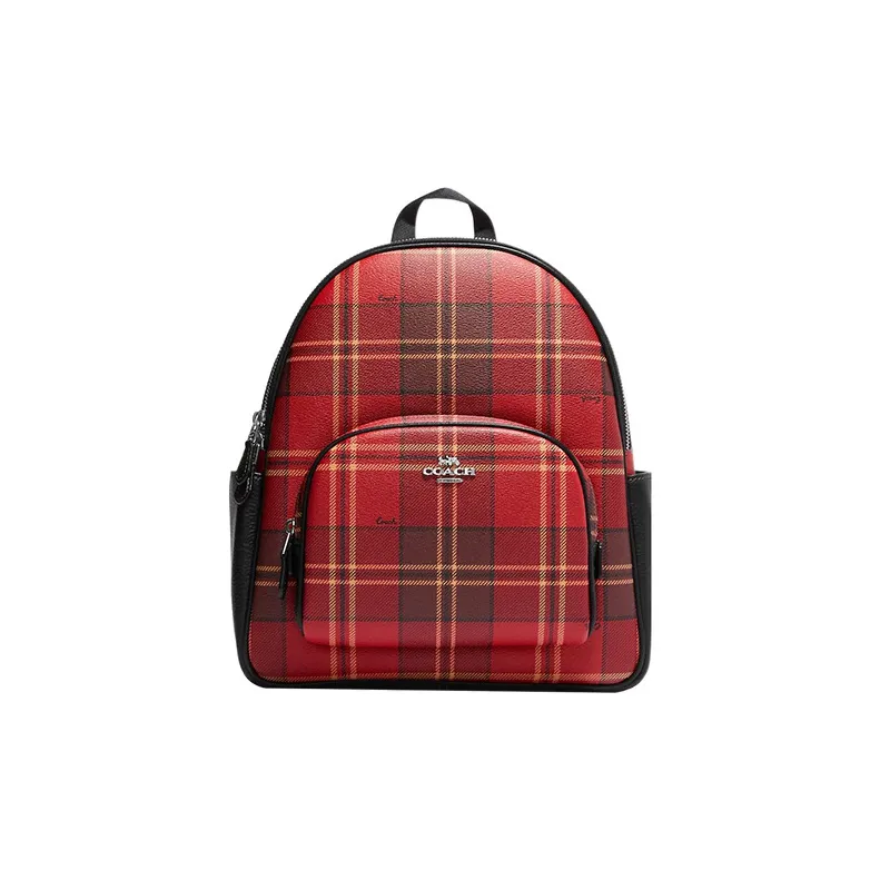 COACH Court Printed Coated Canvas With Refined Pebbled Leather Backpack Large Size Women's Red & Black-0