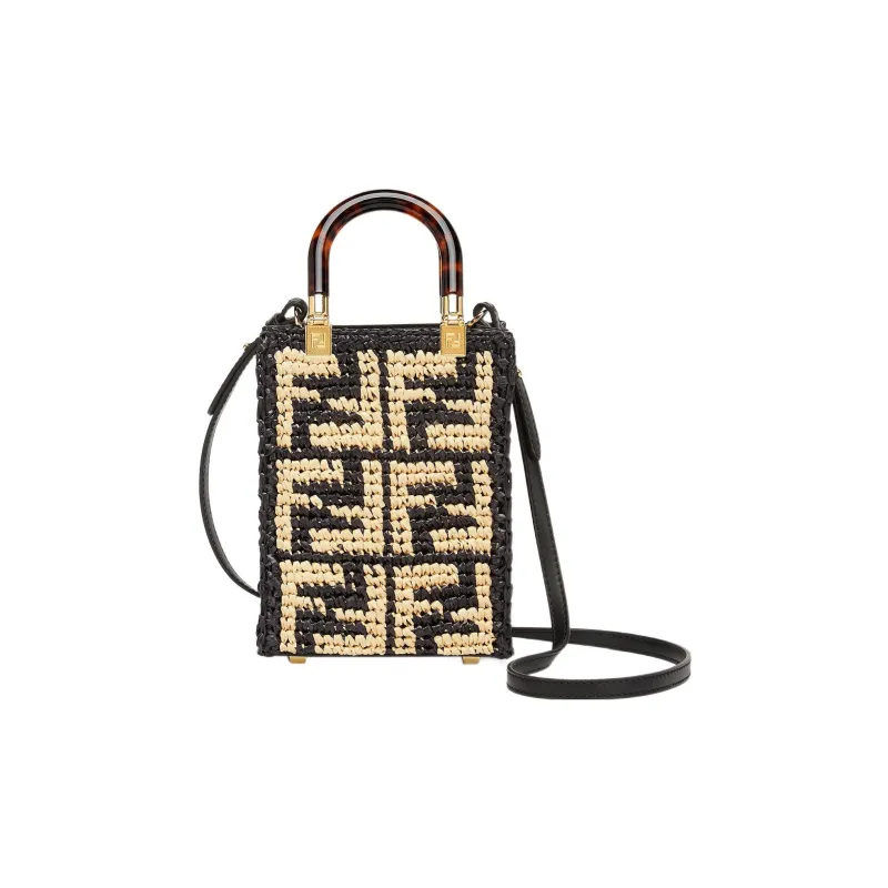 FENDI Sunshine Raffia Handbag, Shoulder Bag, Crossbody Bag Mini Women's Black-4