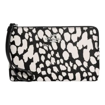 COACH Corner Zip Coated Canvas With Smooth Leather Coin Purse Clutch Small Size Women's Black & White