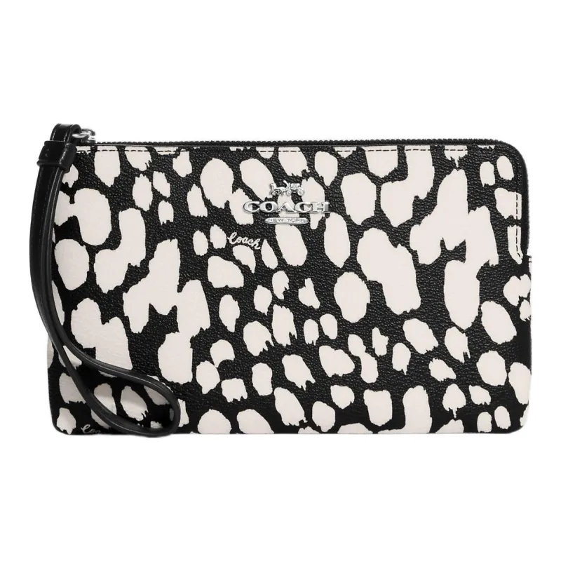 COACH Corner Zip Coated Canvas With Smooth Leather Coin Purse Clutch Small Size Women's Black & White-0