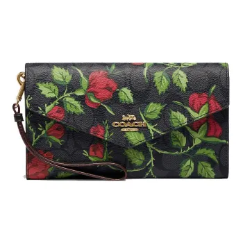 COACH Travel Wallet Canvas With Leather Coin Purse Wrist Bag Clutch Wallet Women's Black